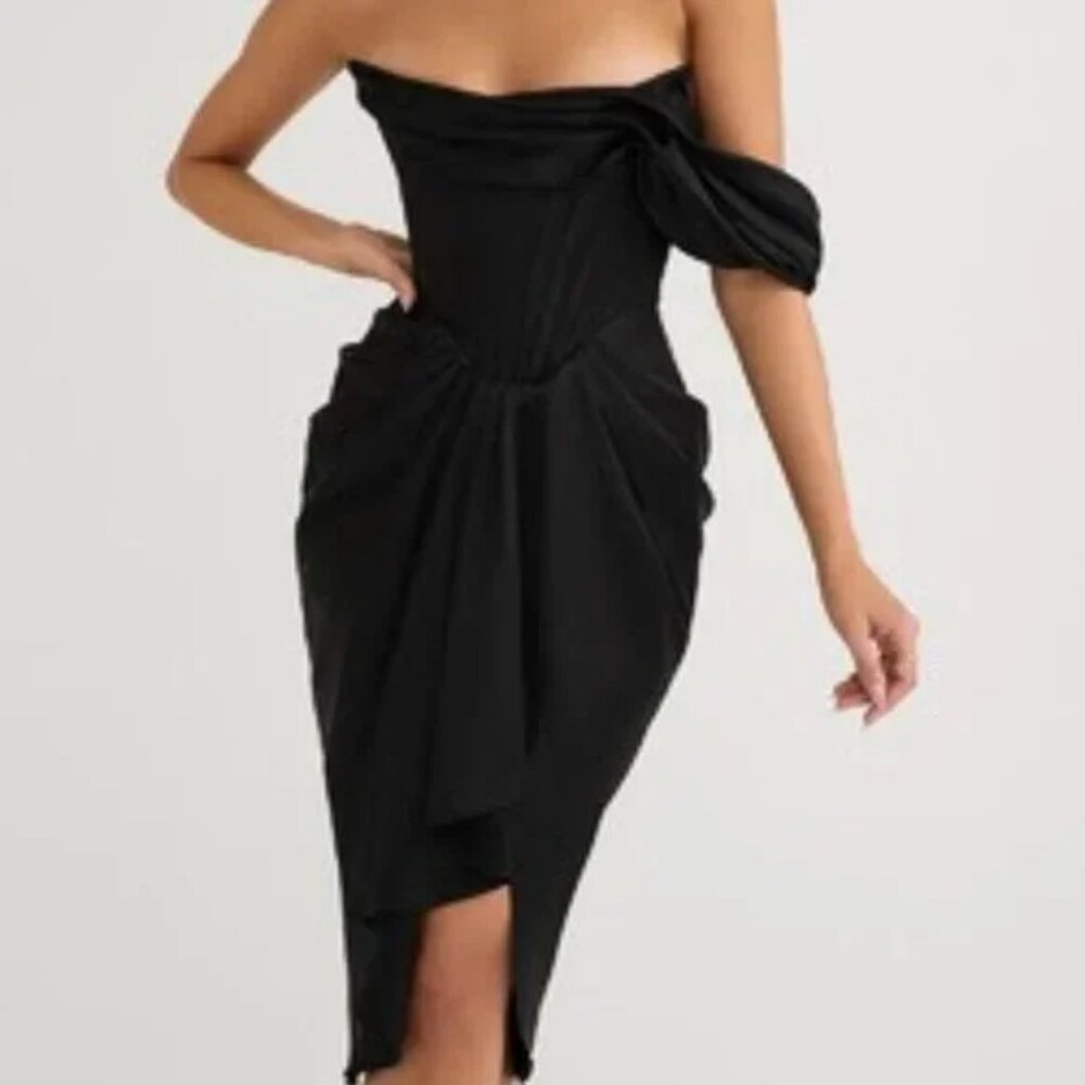 JANIS Black Satin Corset Midi Dress
